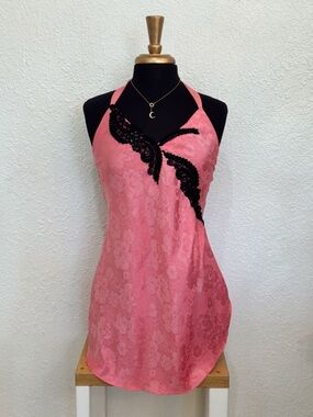 Vintage Victoria's Secret Pink Halter Chemise with Black Lace